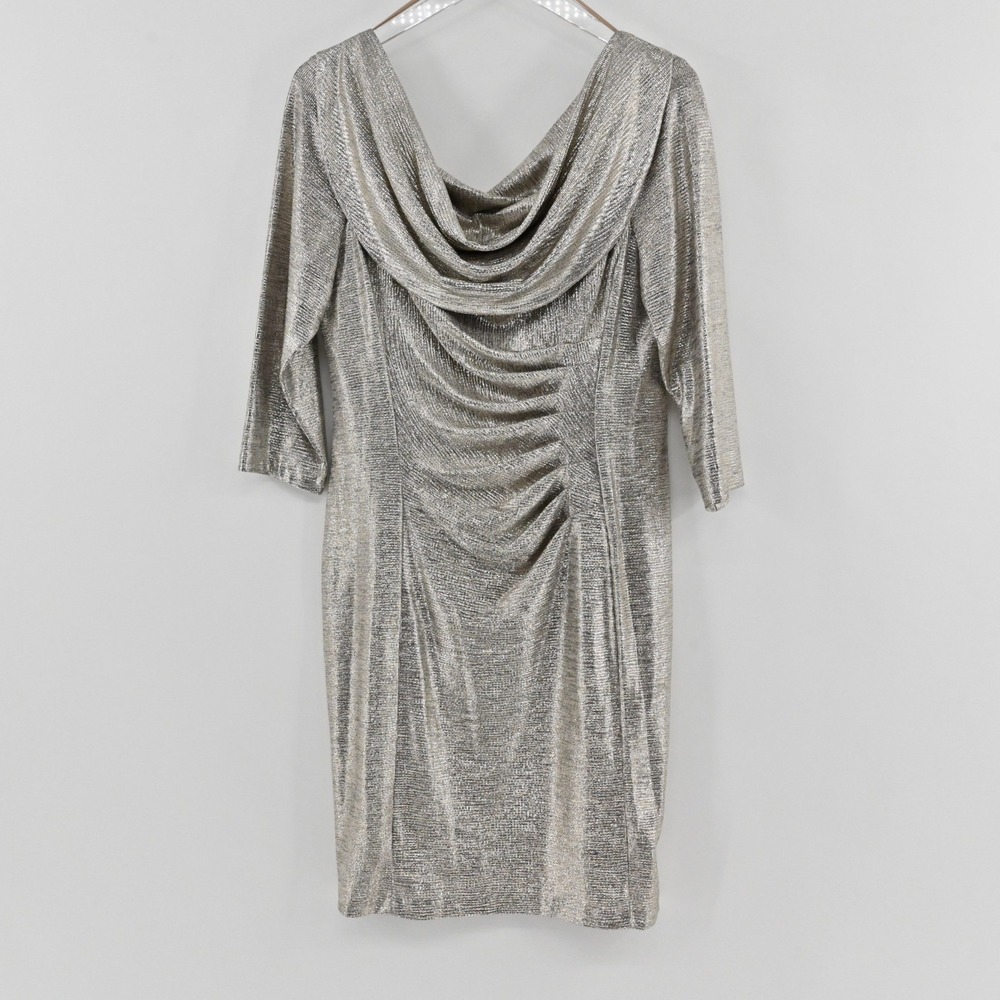 Alex Evenings Metallic Cowl Neck Long Sleeve Sheath Dress Womens Size 12P Silver